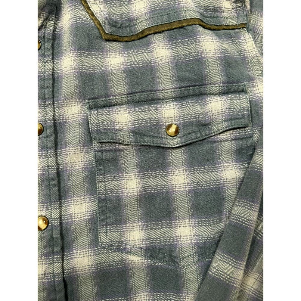 Rural Cloth Plaid Heavyweight Flannel Shirt W/ Leather Collar Snap Front Western - Picture 6 of 8